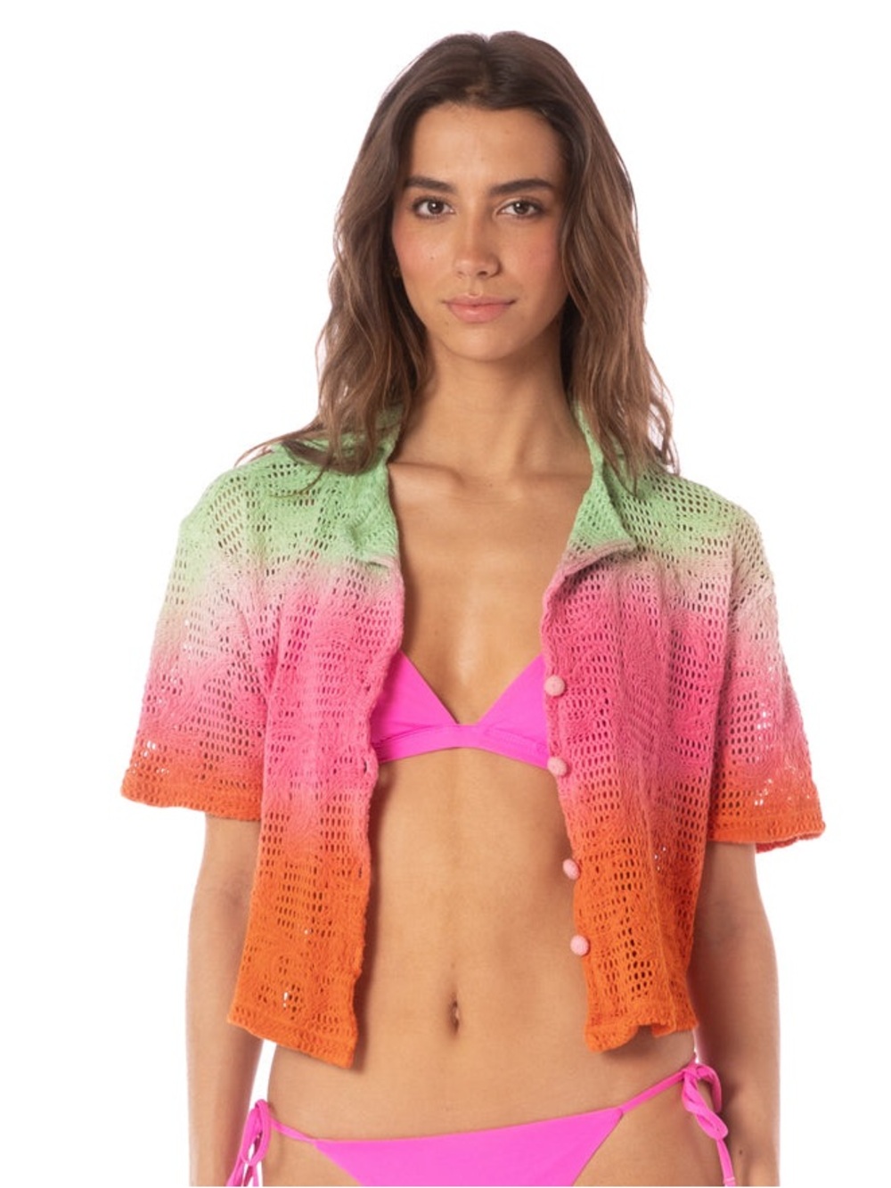 Maaji Colorful Dye Kyrie Cropped Lace Crochet Dip Dye Cotton Button Down Shirt M